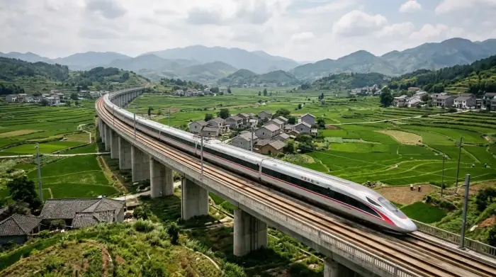 Train à grande vitesse chinois blanc filant sur un viaduc à travers un paysage rural