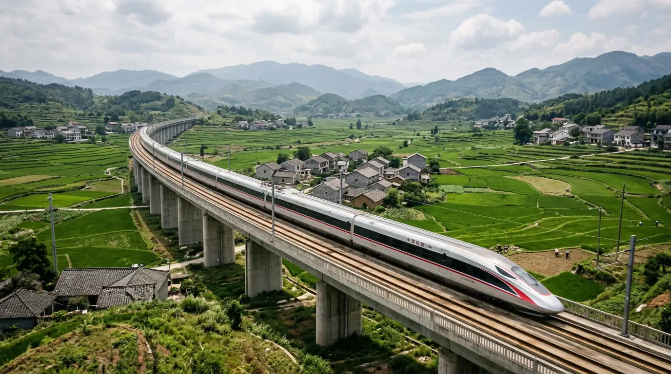 Train à grande vitesse chinois blanc filant sur un viaduc à travers un paysage rural