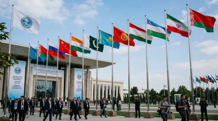 Drapeaux des pays membres de l'Organisation de coopération de Shanghai alignés lors d'un sommet