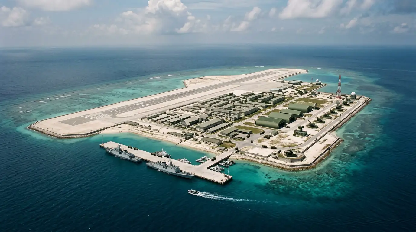 Vue aérienne d'un récif transformé en île artificielle militarisée en mer de Chine méridionale.