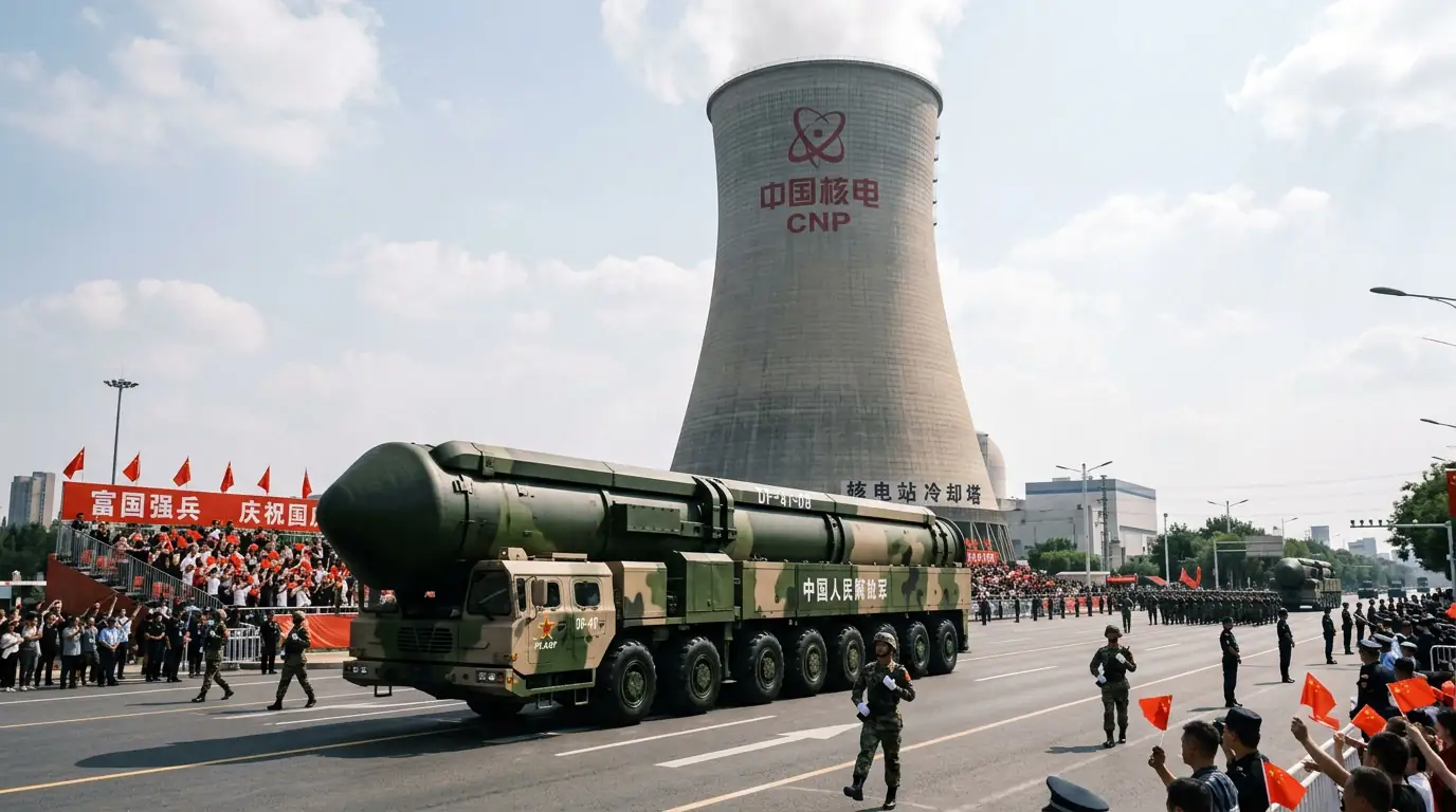 Tour de refroidissement d'une centrale nucléaire chinoise et missile balistique lors d'un défilé militaire.