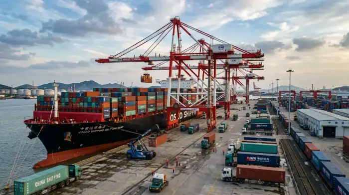 Porte-conteneurs chinois à quai, illustrant les infrastructures des Nouvelles Routes de la soie.