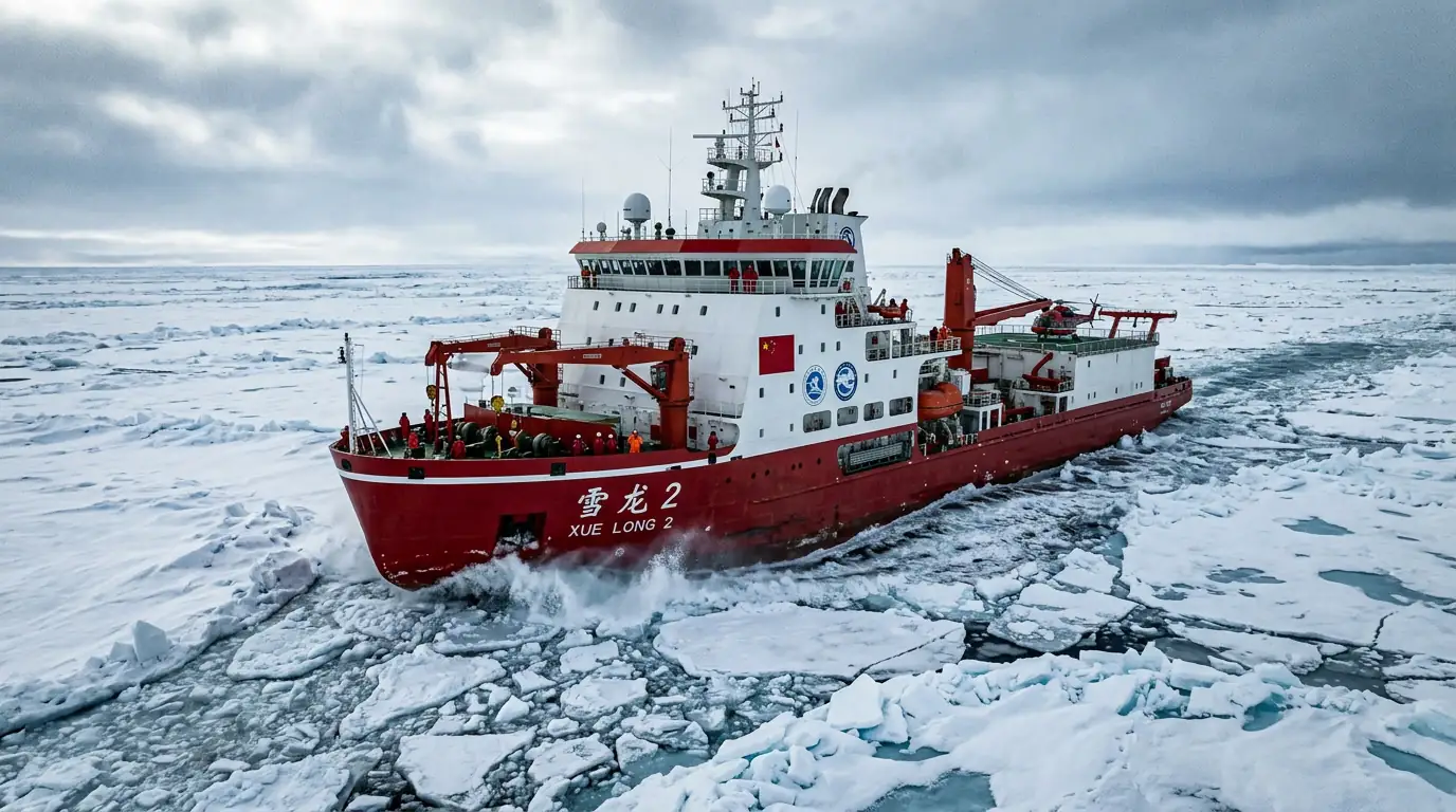 Brise-glace de recherche chinois progressant dans la banquise arctique