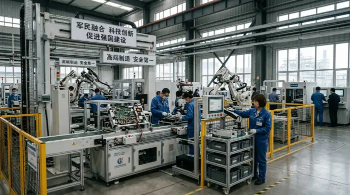Chaîne de production high-tech chinoise illustrant la fusion entre industrie civile et militaire.