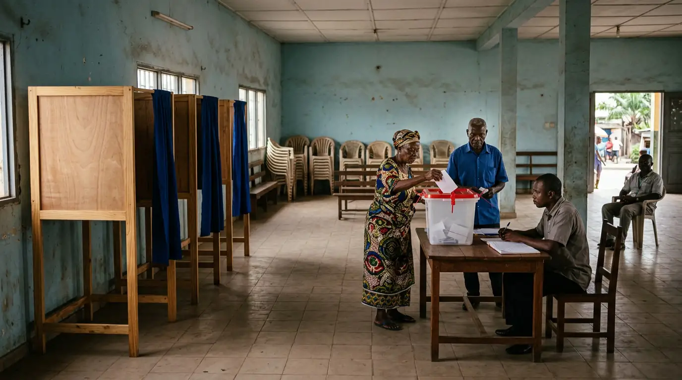 Un bureau de vote presque désert à Brazzaville lors de la présidentielle congolaise de mars 2026, quelques électeurs devant une urne et des isoloirs vides.
