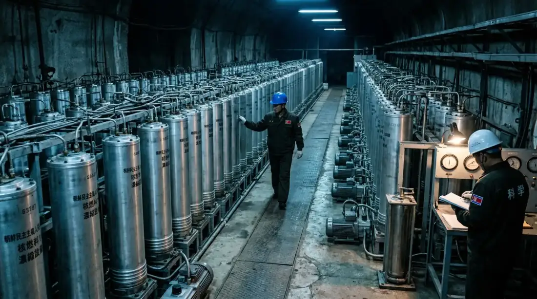 Rangées de centrifugeuses argentées dans une salle industrielle souterraine nord-coréenne, éclairage artificiel bleuté, atmosphère froide et secrète, style photojournalisme documentaire