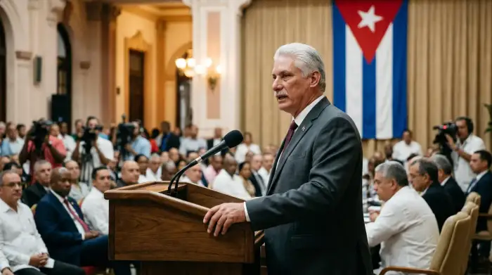 Miguel Díaz-Canel au pupitre lors d'un discours officiel à La Havane, drapeau cubain en arrière-plan.