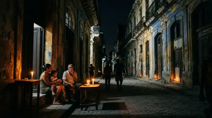 Une rue de La Havane plongée dans l'obscurité d'une coupure de courant, façades coloniales décrépies éclairées par quelques bougies.