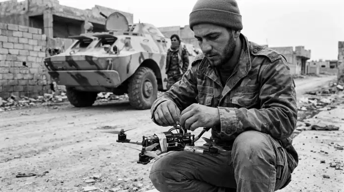 Combattant irrégulier manipulant un drone artisanal devant un véhicule militaire à l'arrière-plan