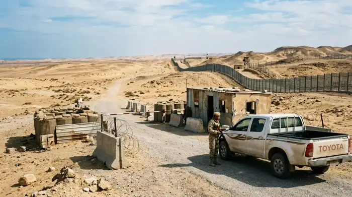 Poste de contrôle militaire et étendue désertique du nord du Sinaï, le long de la frontière entre l'Égypte, Gaza et Israël.
