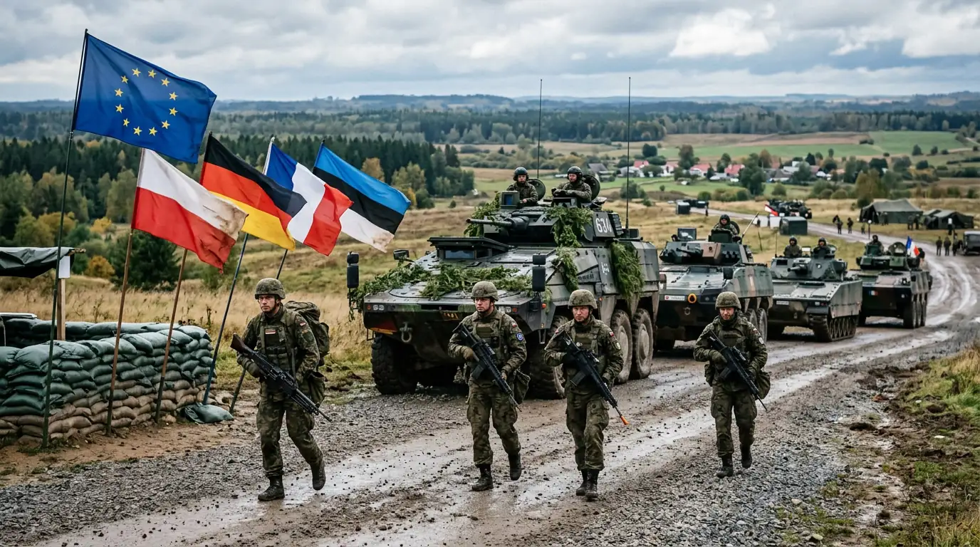 Soldats européens et blindés déployés sur le flanc oriental de l'OTAN, drapeaux de l'Union européenne et nationaux au premier plan.
