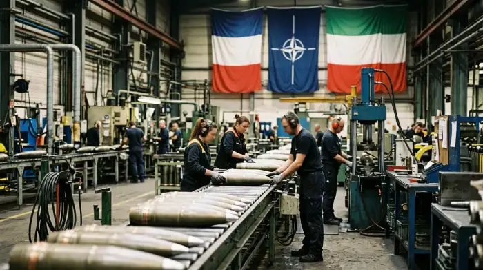 Une chaîne d'assemblage d'obus d'artillerie dans une usine de défense européenne, sur fond de drapeaux de l'OTAN.
