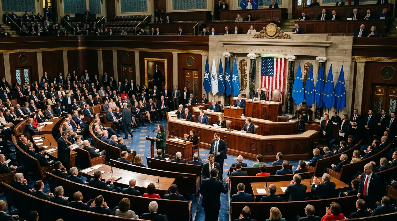 Hémicycle du Congrès américain avec drapeaux européens et OTAN en arrière-plan, symbolisant le débat budgétaire défense-social