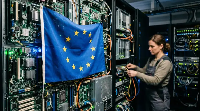 Drapeau européen sur fond de circuits électroniques symbolisant la souveraineté numérique