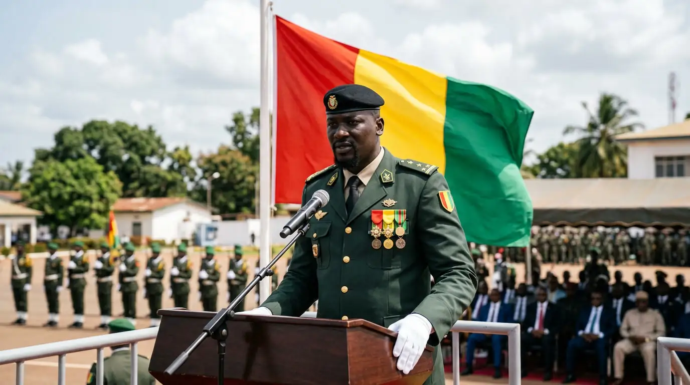 Le général Mamadi Doumbouya en tenue militaire lors d'une cérémonie officielle, drapeau guinéen en arrière-plan.
