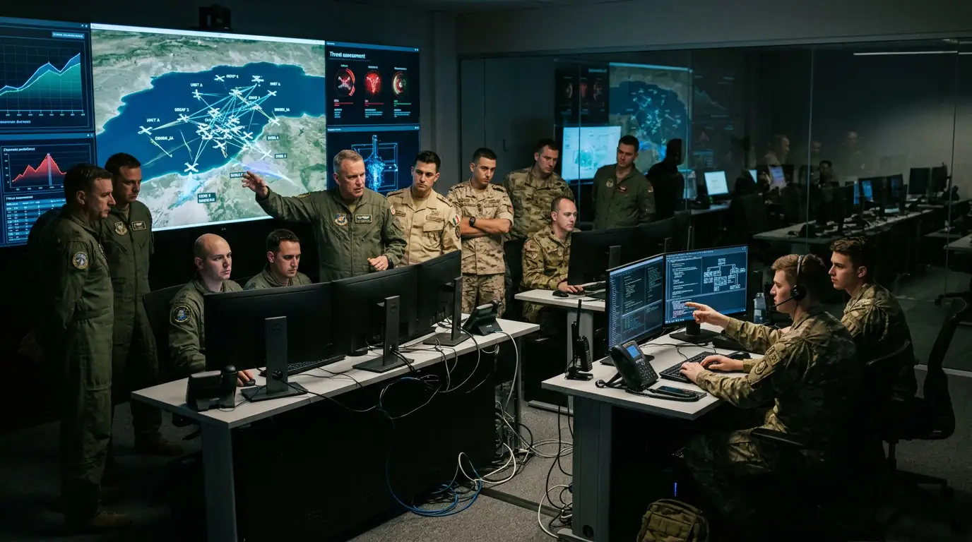 Salle de commandement militaire et essaim de drones, illustrant la course mondiale à l'intelligence artificielle de défense.