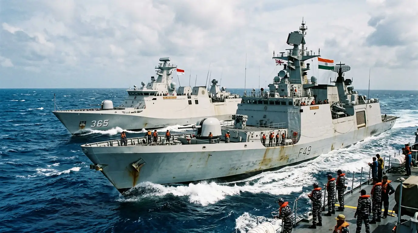 Navires de guerre indien et indonésien lors d'un exercice naval conjoint en mer.