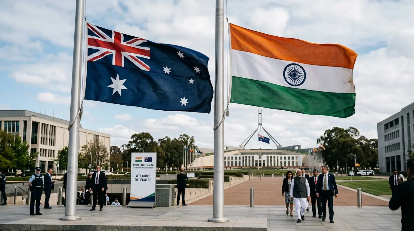 Drapeaux de l'Inde et de l'Australie côte à côte symbolisant leur partenariat stratégique