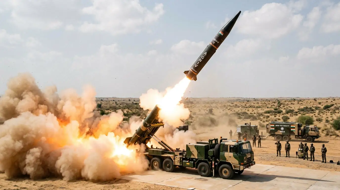 Lancement d'un missile balistique depuis une plateforme mobile lors d'un essai en Inde