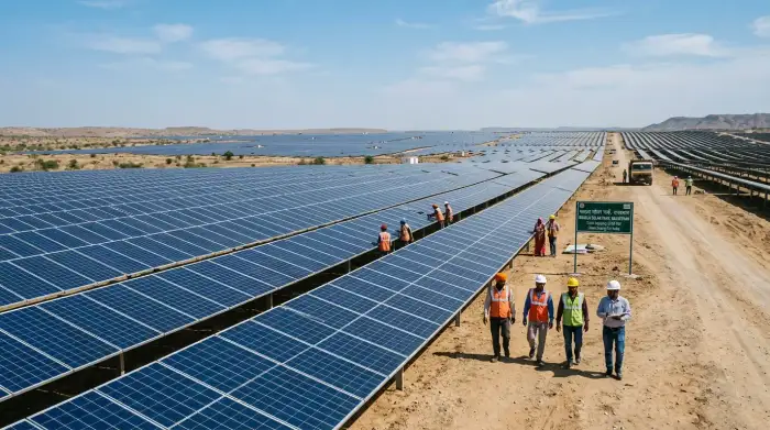 Vaste champ de panneaux solaires sous un ciel dégagé, illustrant l'essor de l'énergie solaire en Inde.