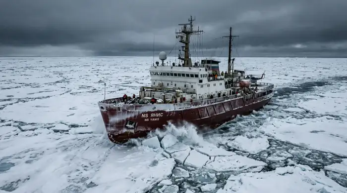 Brise-glace naviguant dans les eaux glacées de l'Arctique sous un ciel bas