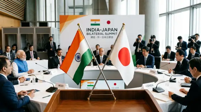 Drapeaux de l'Inde et du Japon côte à côte lors d'un sommet bilatéral.
