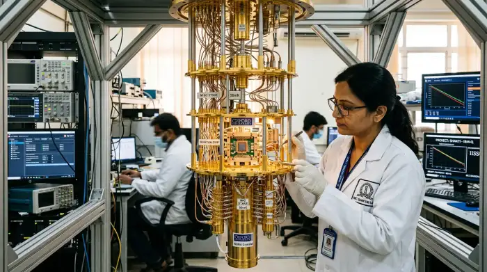 Processeur quantique supraconducteur monté sur un cryostat doré, illustrant la recherche indienne en informatique quantique.