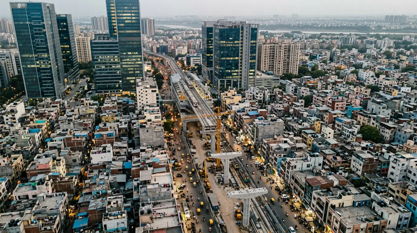 Vue aérienne d'une ville indienne mêlant gratte-ciel modernes, chantiers de métro et quartiers denses