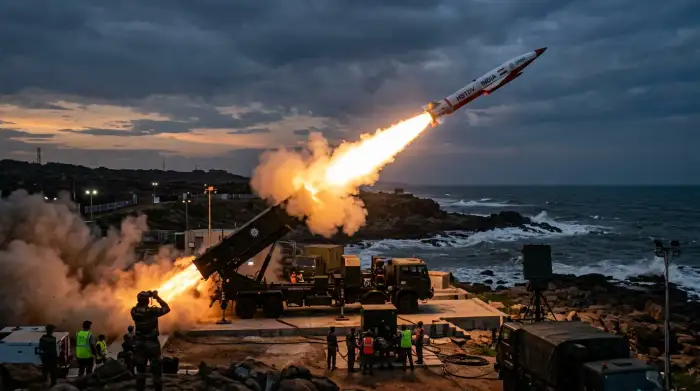 Lancement d'un missile depuis une rampe côtière, illustrant le programme hypersonique indien