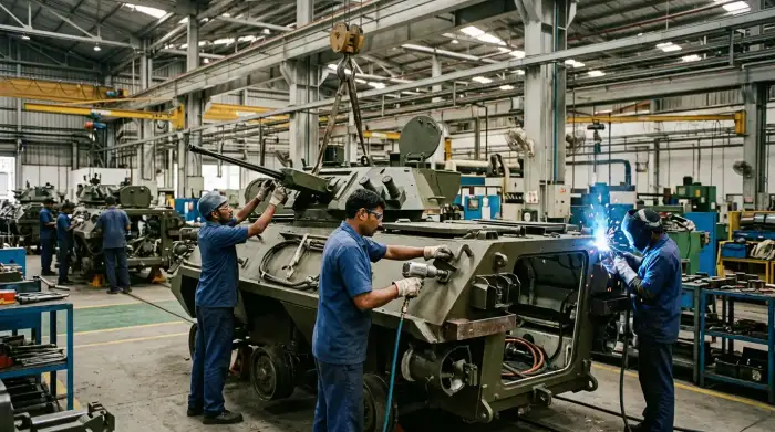Ouvriers indiens assemblant un équipement militaire dans une usine moderne