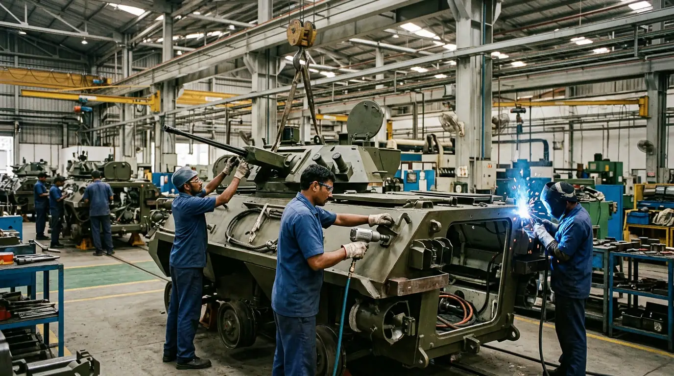 Ouvriers indiens assemblant un équipement militaire dans une usine moderne