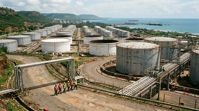 Cuves de stockage de pétrole brut symbolisant les réserves stratégiques de l'Inde