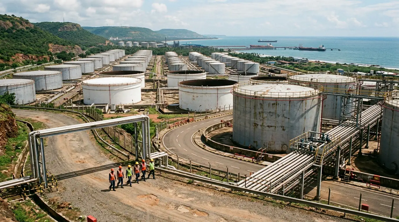 Cuves de stockage de pétrole brut symbolisant les réserves stratégiques de l'Inde