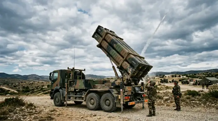 Lanceur de système de défense antiaérienne pointé vers le ciel lors d'un essai militaire.