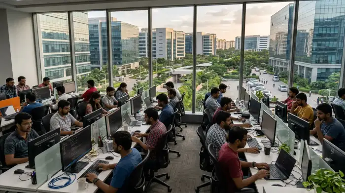 Vue d'un pôle technologique indien avec immeubles de bureaux et développeurs au travail