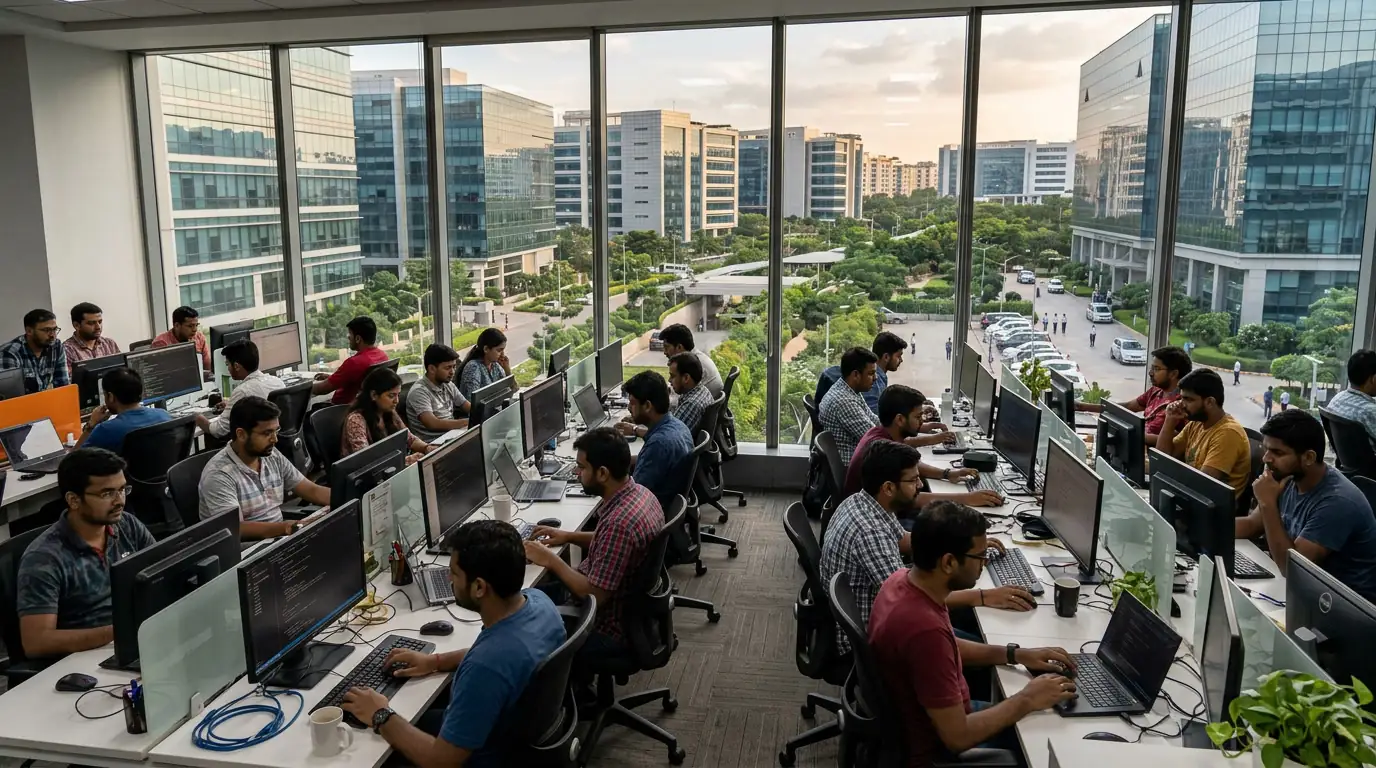 Vue d'un pôle technologique indien avec immeubles de bureaux et développeurs au travail