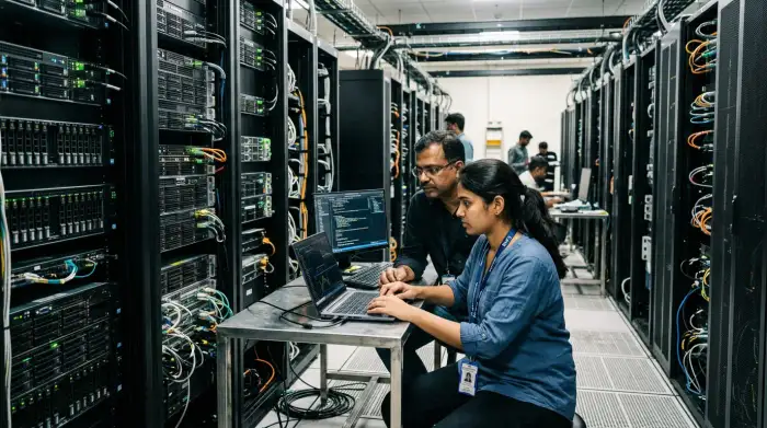 Centre de données et réseau numérique illustrant le développement de l'intelligence artificielle en Inde.