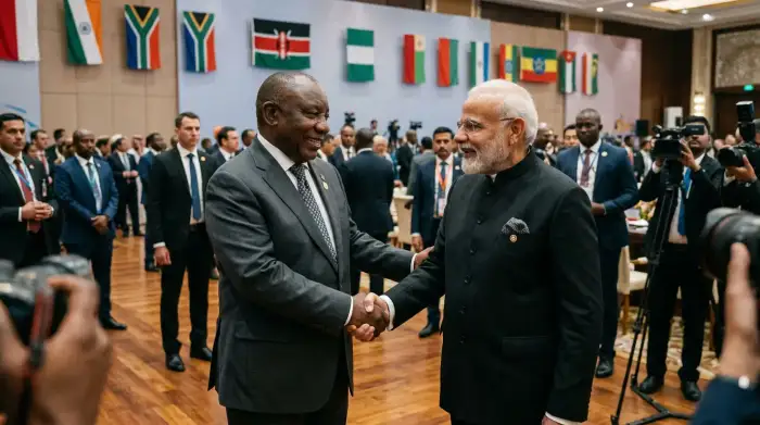 Poignée de main lors d'un sommet diplomatique entre dirigeants indien et africains.