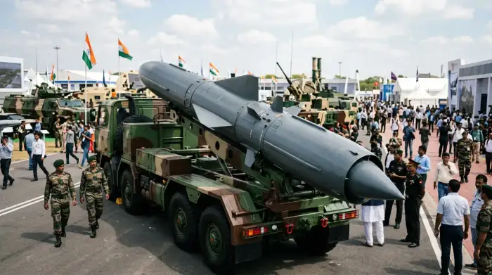 Missile BrahMos exposé lors d'un salon de défense indien