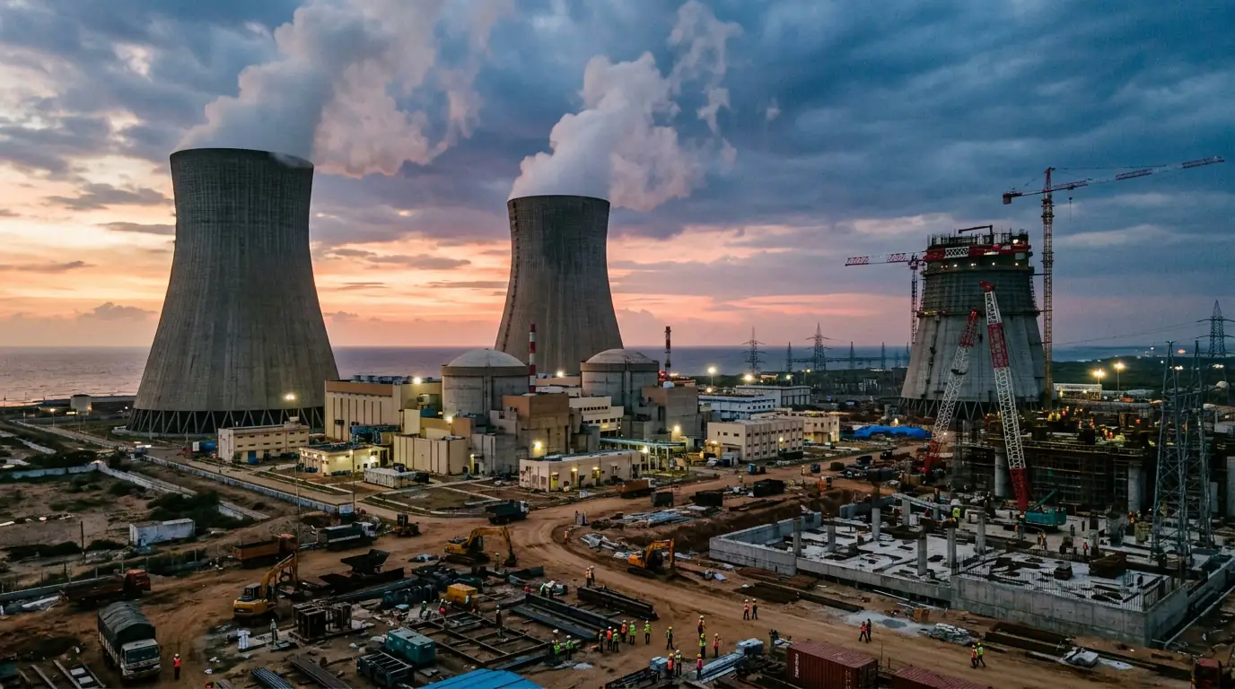 Tours de refroidissement d'une centrale nucléaire indienne au crépuscule, illustrant l'expansion du programme atomique du pays.