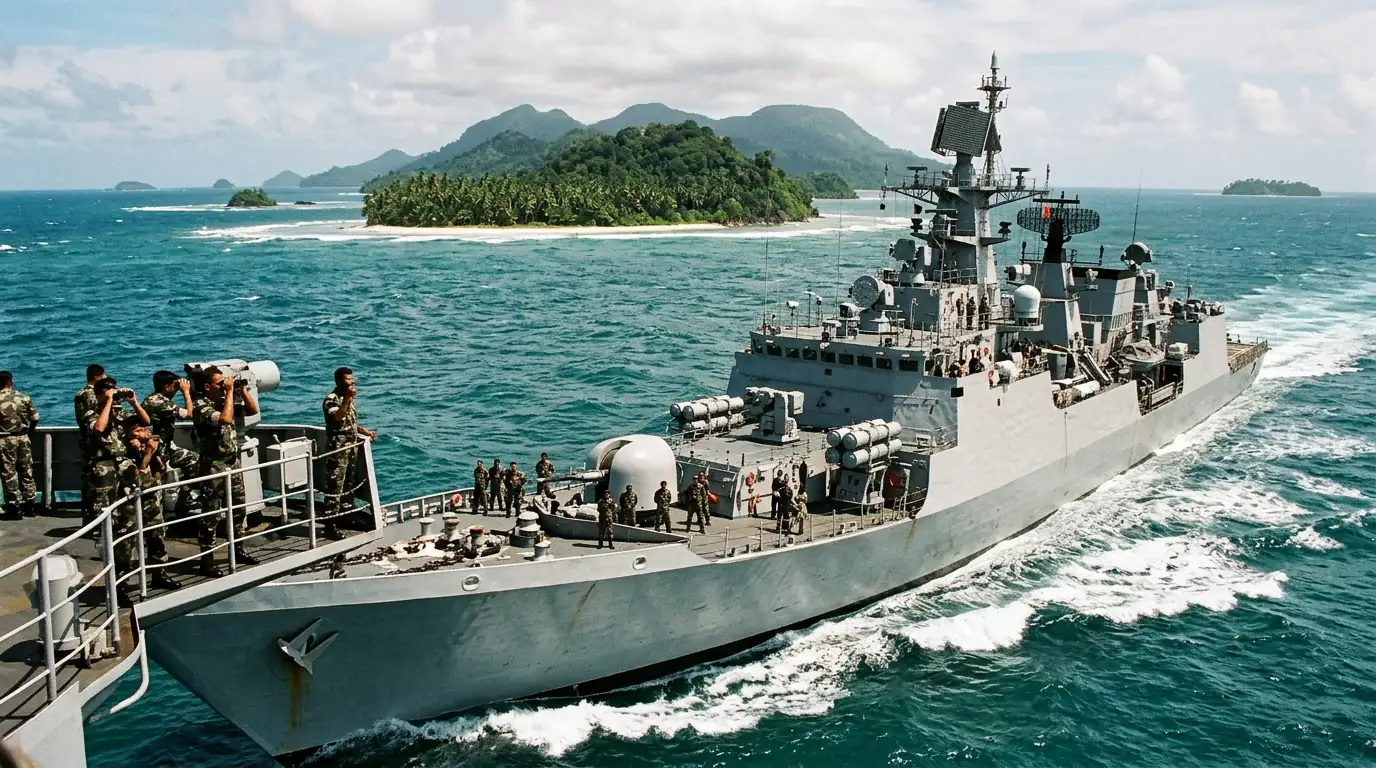 Navire de guerre indien patrouillant près des îles Andaman et Nicobar dans l'océan Indien