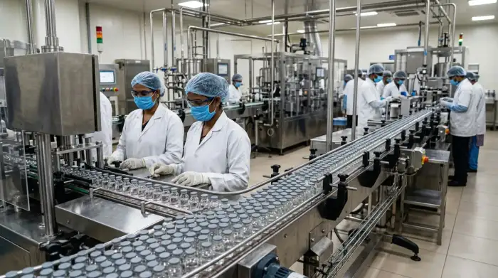 Chaîne de production de flacons de vaccins dans une usine pharmaceutique indienne