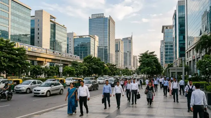 Quartier d'affaires moderne en Inde illustrant la croissance économique et les réformes du pays.