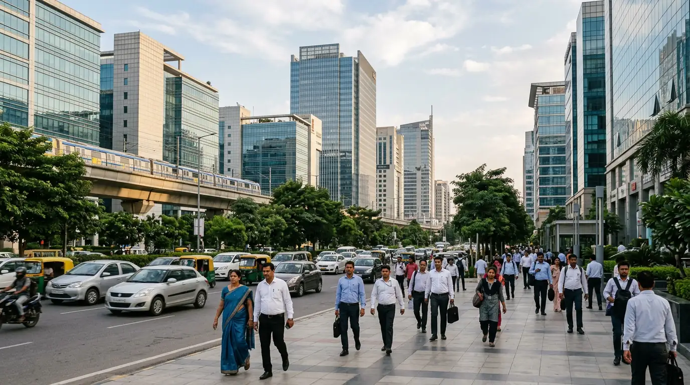Quartier d'affaires moderne en Inde illustrant la croissance économique et les réformes du pays.