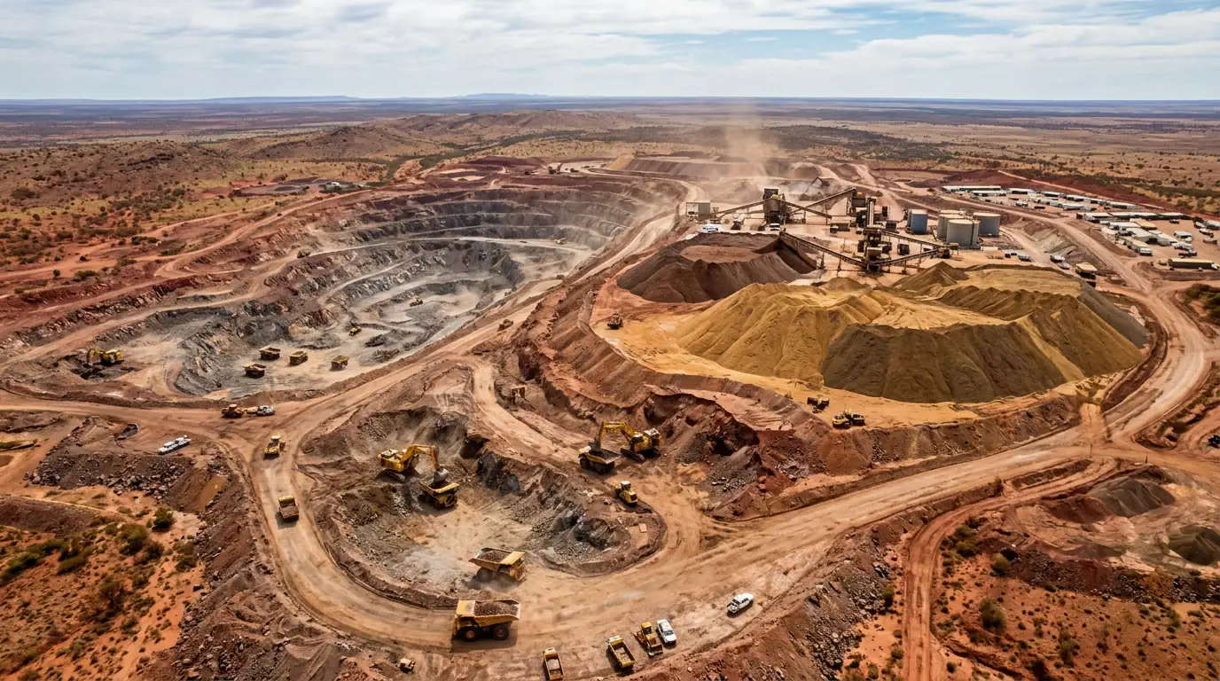 Vue aérienne d'une mine de terres rares en Australie, avec des pelleteuses et des monticules de minerai ocre, symbole des enjeux stratégiques des minéraux critiques dans l'Indo-Pacifique.