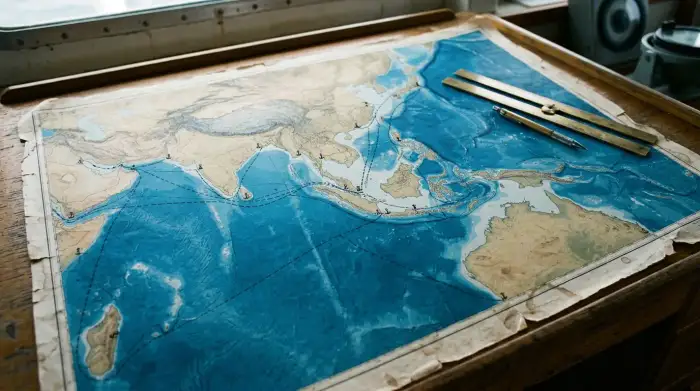 Carte maritime de l'Indo-Pacifique avec routes commerciales reliant l'océan Indien et le Pacifique.