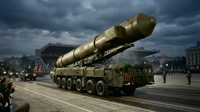 Missile balistique sur sa rampe lors d'une parade militaire, ciel sombre en arrière-plan.