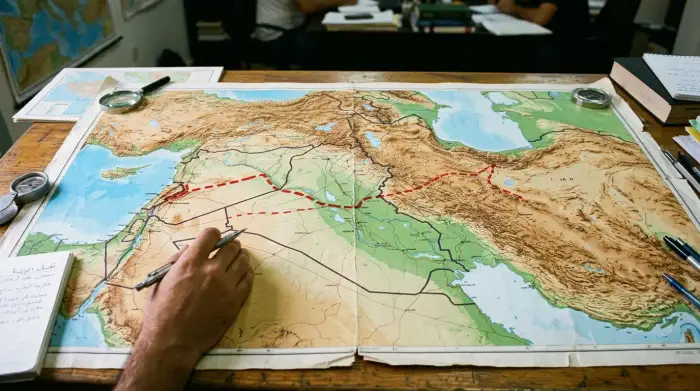 Carte du Moyen-Orient avec un corridor reliant l'Iran à la Méditerranée via l'Irak et la Syrie.