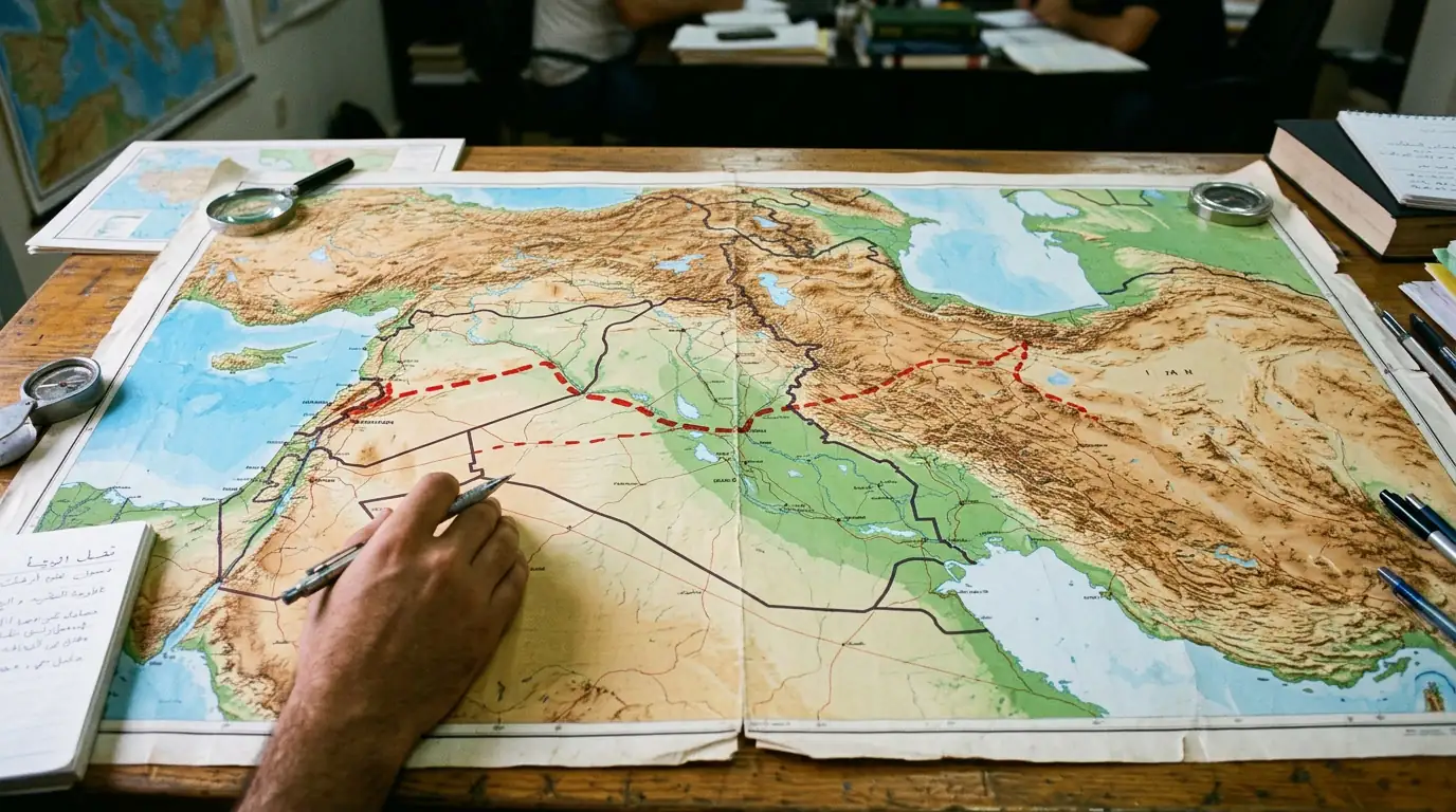 Carte du Moyen-Orient avec un corridor reliant l'Iran à la Méditerranée via l'Irak et la Syrie.