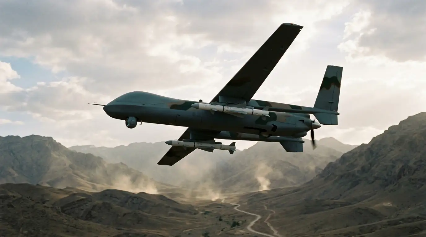 Drone de combat iranien en vol, illustrant la montée en puissance de l'Iran dans les munitions guidées de précision.